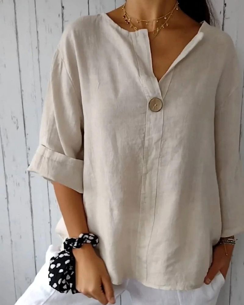 ARAI | V- NECK COTTON AND LINEN BUTTON TOP